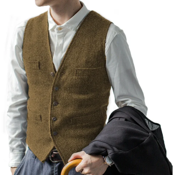 Brown Herringbone Wool Tweed Business Waistcoat Steampunk Men's Plus Size Suit Vest with Lapel Collar for Groomsmen's Wedding - Image 3