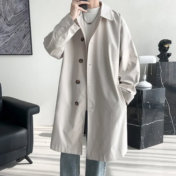 Fashion long windbreaker men's solid-colored, single-breasted, loose-fitting trench coat for streetwear - Image 3