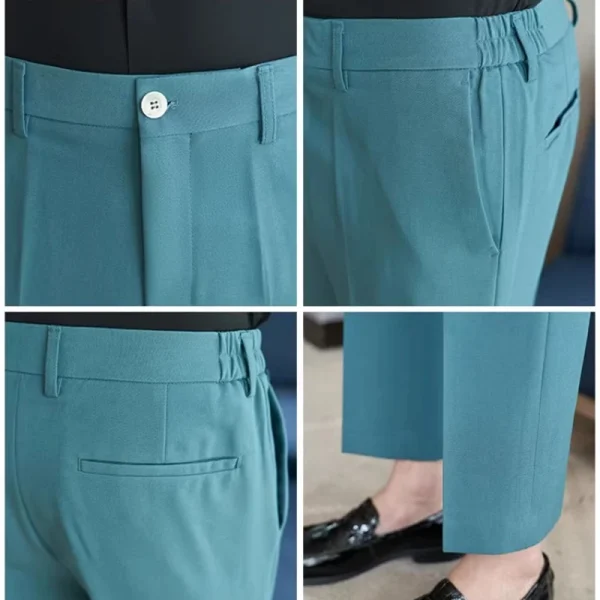 Teal and Beige Casual Elegance for Smart Office & Leisure: Men's Silky-Smooth Elastic Waist Straight-Leg Trousers - Image 5