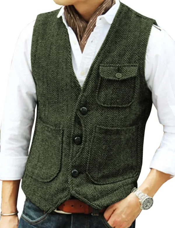 Leisure Men's Business Slim Fit V-neck Vests Groomsmen's Wedding Suit Vest Made of Wool with Steampunk Herringbone Waistcoat - Image 4