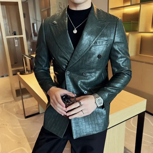Elegant Square Grid Double-Breastered Leather Jacket New Premium Slim-Fit Casual Men's Business Coats Tuxedos Men's Apparel - Image 2
