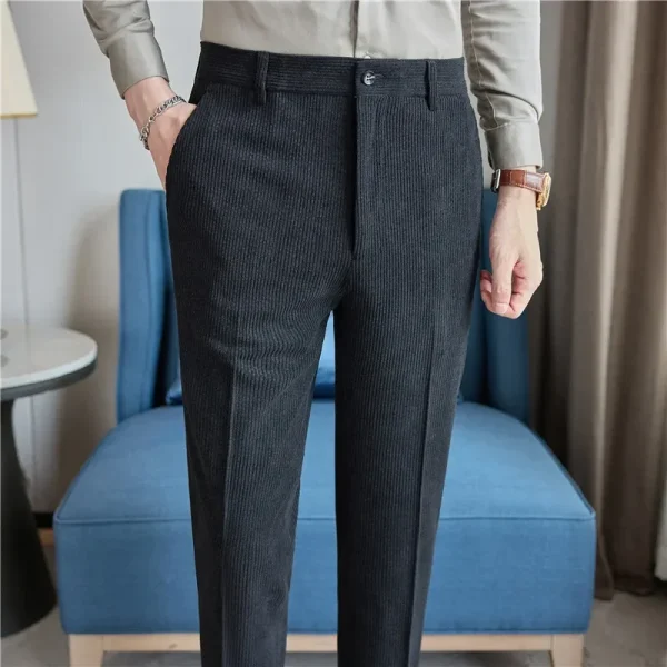 Made of thick corduroy fabric, these men's slim-fitting casual pants are perfect for everyday commuting in the fall and winter. - Image 3