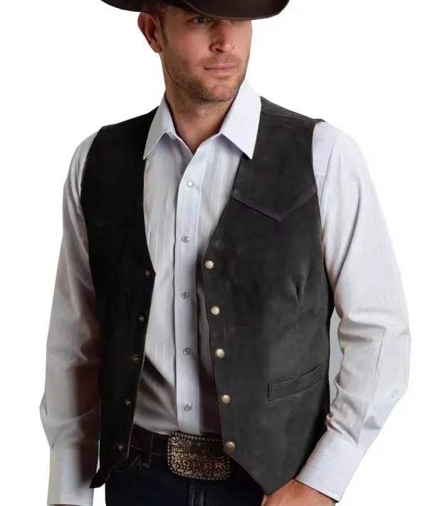Men's Black Vest Formal Business Suit with Suede Waistcoat for Groomsmen at a New Cowboy Wedding
