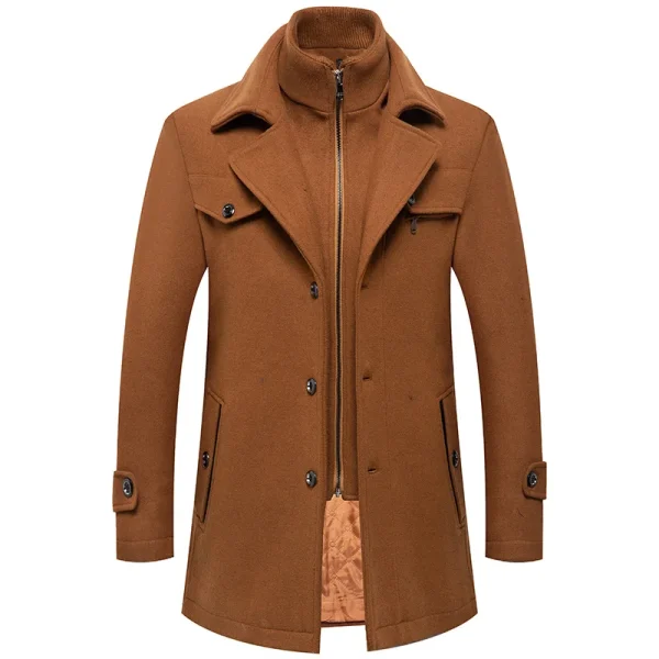 Men's Fashion Middle Long Outerwear Double Collar Zipper Solid Color Casual Woolen Coats for Winter Slim Fit - Image 5