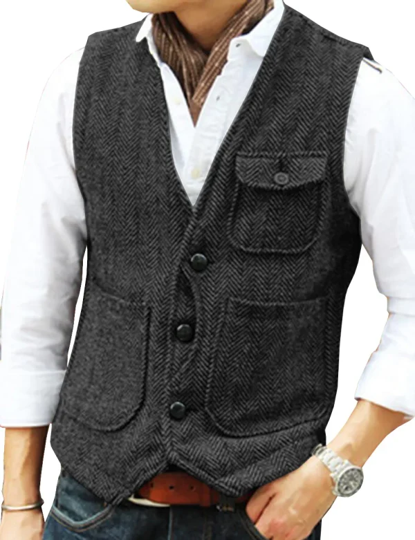 Leisure Men's Business Slim Fit V-neck Vests Groomsmen's Wedding Suit Vest Made of Wool with Steampunk Herringbone Waistcoat - Image 3