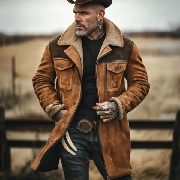 Winter Fleece Men's Long Jackets with Turn-down Collar, Casual Windbreaker, Vintage Patchwork, and Multiple Pockets - Image 5