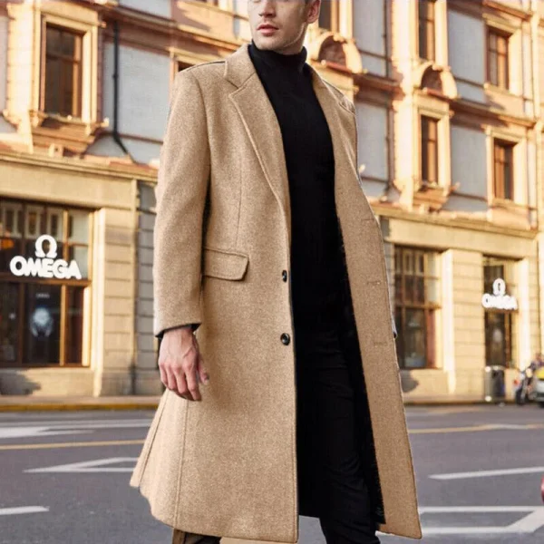 Streetwear Fashion Long Trench Coat Outerwear Men's Solid Long-Sleeved Woolen Jackets and Overcoats for Autumn and Winter - Image 4