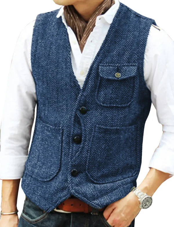 Leisure Men's Business Slim Fit V-neck Vests Groomsmen's Wedding Suit Vest Made of Wool with Steampunk Herringbone Waistcoat - Image 6