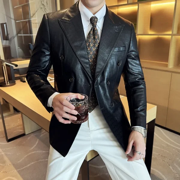 Elegant Square Grid Double-Breastered Leather Jacket New Premium Slim-Fit Casual Men's Business Coats Tuxedos Men's Apparel - Image 4